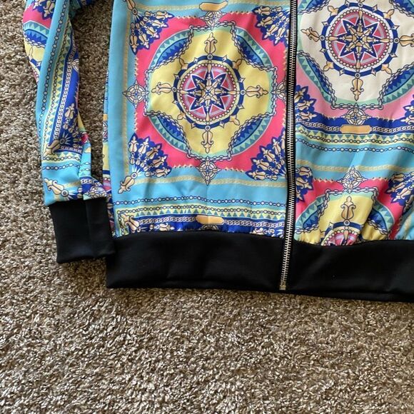 💼Light Wear Summer Bomber Jacket, Paisley Chain Print, Zip Front - Picture 12 of 13